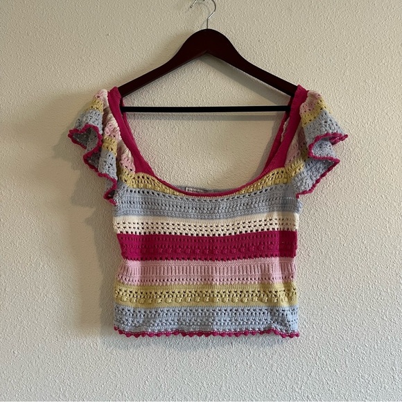 Sincerely Jules Boho Rainbow Stripe Crochet Flutter Sleeve Crop Top Size Small - Picture 4 of 11